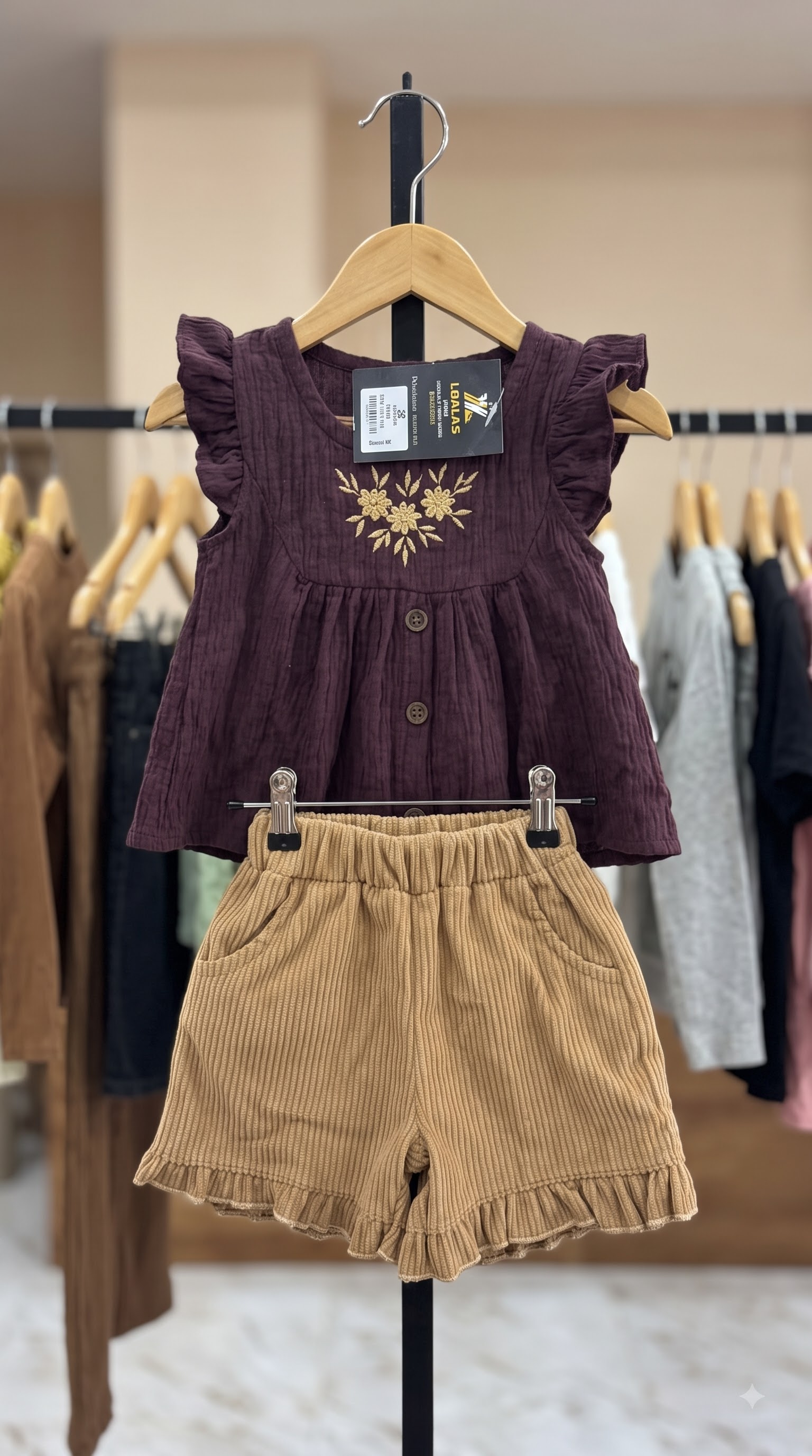 Baby Girls Beige Embroidered Top and Black Ruffle Shorts Set - Image 3
