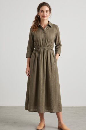 Women’s Olive Green Striped Collared Full-Sleeve Maxi Dress