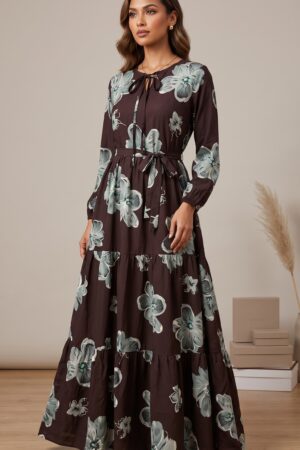 Women’s Dark Brown Floral Tie-Front Full-Sleeve Tiered Maxi Dress