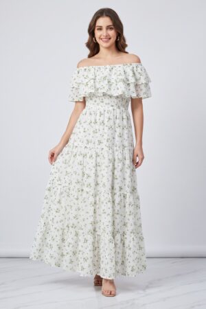 Women’s White & Green Floral Off-Shoulder Tiered Maxi Dress with Ruffle Detail