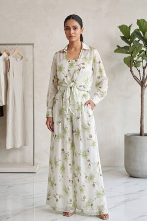 Women’s White & Green Floral Printed Layered Maxi Dress with Sheer Overlay