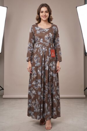 Women’s Brown Floral Printed Full-Sleeve Empire Waist Maxi Dress
