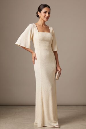 Women’s Cream White Smocked Square-Neck Full-Length Maxi Dress
