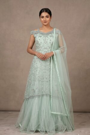 Women’s Mint Green Embellished Mermaid Gown with Off-Shoulder Detail