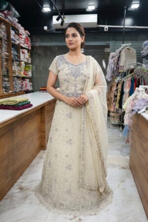 Women’s Ivory Embellished Gown Dress with Matching Sheer Dupatta