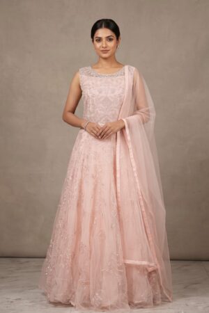 Women’s Blush Pink Embellished Anarkali Gown with Sheer Dupatta
