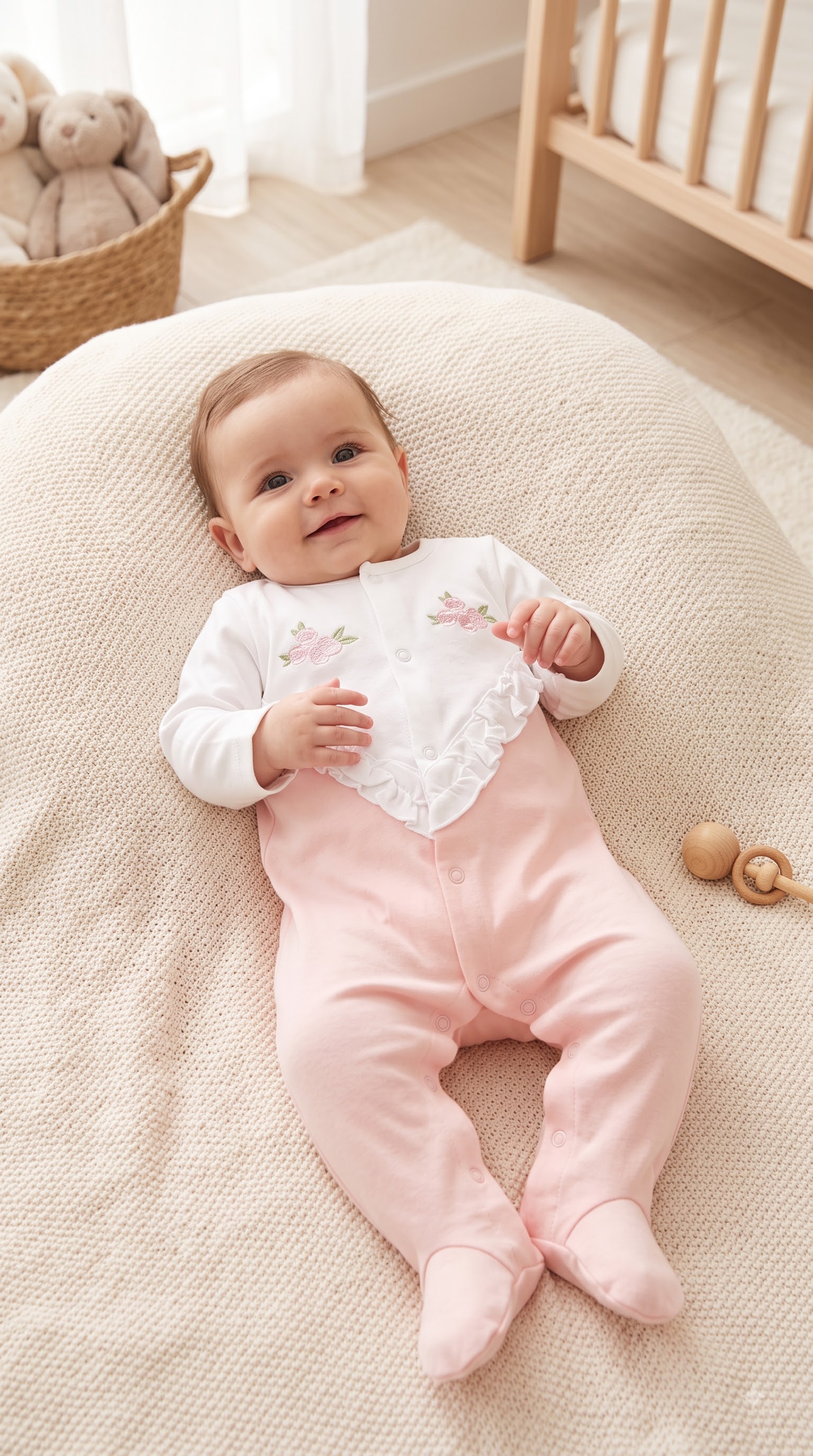 Shop this adorable baby girls' dusty pink dungaree set with white floral embroidery, ruffled straps, front pockets, scalloped trim, and a white ribbed T-shirt. - Image 4