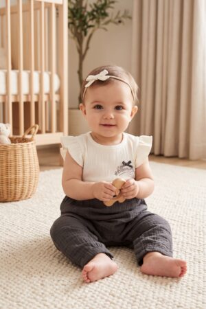 Baby Girls Ivory and Charcoal Grey Sleeveless Jumpsuit with Ruffle Sleeves