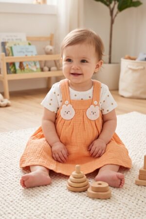 Baby Girls Peach Pinafore Dress Set with Bunny Appliqué and Floral Print T-Shirt