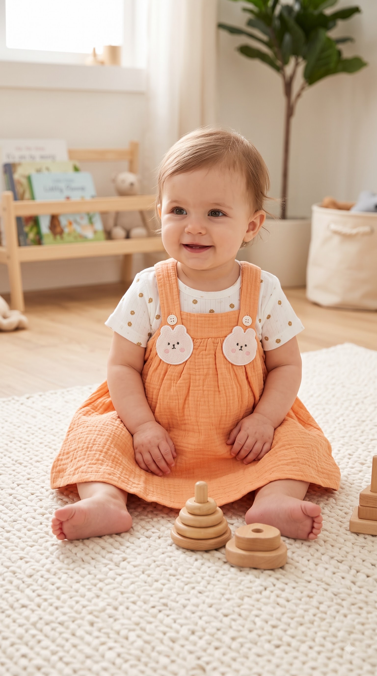 Baby Girls Peach Pinafore Dress Set with Bunny Appliqué and Floral Print T-Shirt