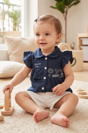 Baby Girls Navy Blue Ruffle Sleeve Shirt with Summer Print and White Shorts Set