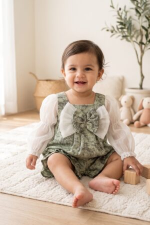 Baby Girls Sage Green Printed Top and Shorts Set with Oversized Bow and White Puff Sleeves