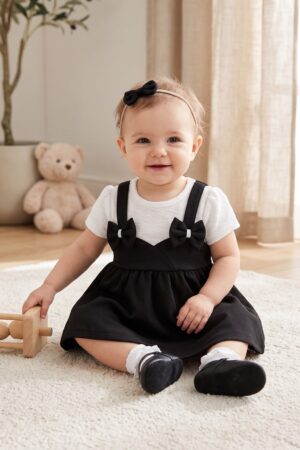 Baby Girls Black Pinafore Dress Set with White T-Shirt and Double Bow Details