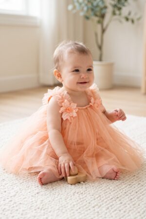 Baby Girls Peach Tulle Party Dress with Floral Appliqué and Ruffle Straps