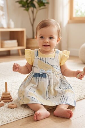Baby Girls Yellow Ruffle Sleeve Top with Abstract Printed Pinafore Dress Set