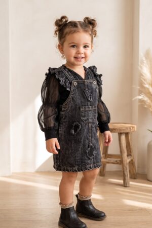 Baby Girls Black Denim Pinafore Dress with Sheer Puff Sleeves and Ruffle Details