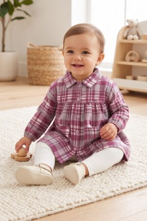 Baby Girls Blue and White Plaid Shirt Dress with White Leggings Set