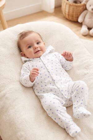 Baby Unisex White Footed Sleepsuit with Blue Mini Print and Collar