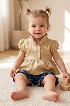 Baby Girls Beige Collared Peplum Top with Blue Denim Ruffle Shorts Set