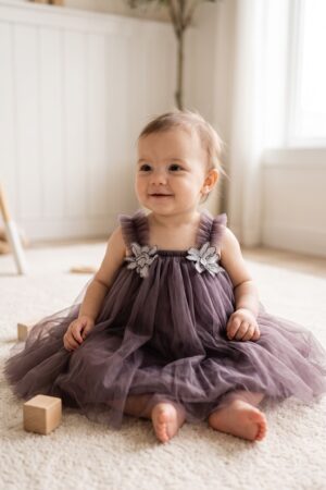 Girls Tulle Party Wear Dress with Floral Bow Straps