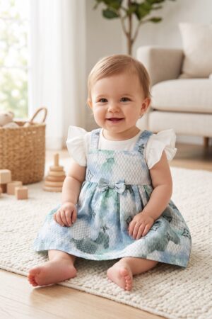 Girls Blue Green Printed Pinafore Dress with White Ruffle Sleeve Top and Bow