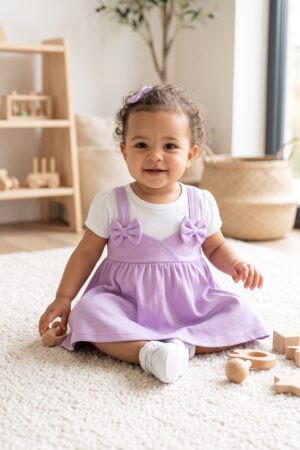 Girls Lavender Pinafore Dress with Double Bow Details and White Short Sleeve Top