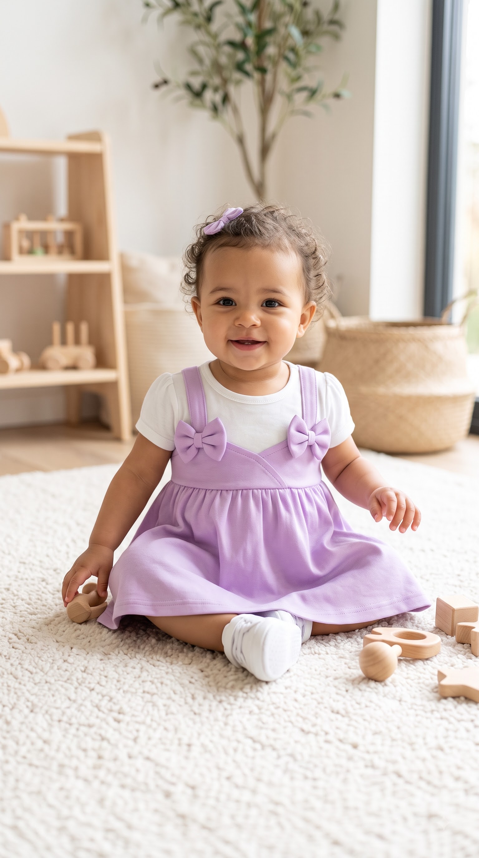 Girls Lavender Pinafore Dress with Double Bow Details and White Short Sleeve Top