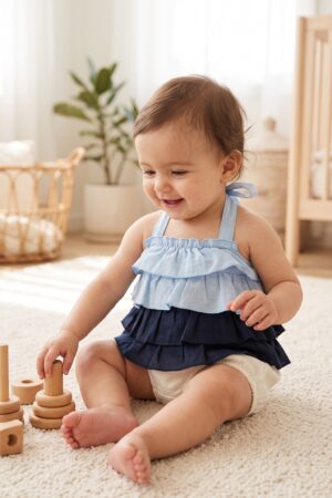 Baby Girls Blue Halter Neck Ruffle Top with Navy Blue Layered Skirt and Bloomers