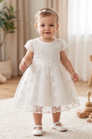 Baby Girls White Floral Embroidered Lace Party Wear Dress with Short Sleeves