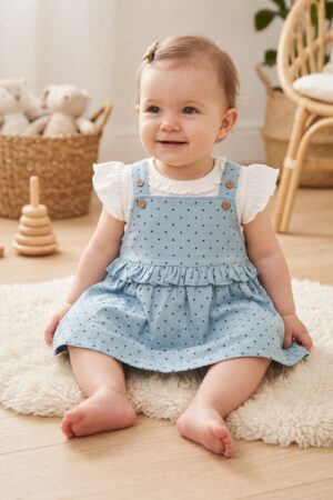 Girls Light Blue Polka Dot Pinafore Dress Set with White Ruffle Top