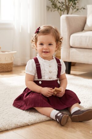Girls Burgundy Suspender Skirt Set with White Ruffle Button Shirt