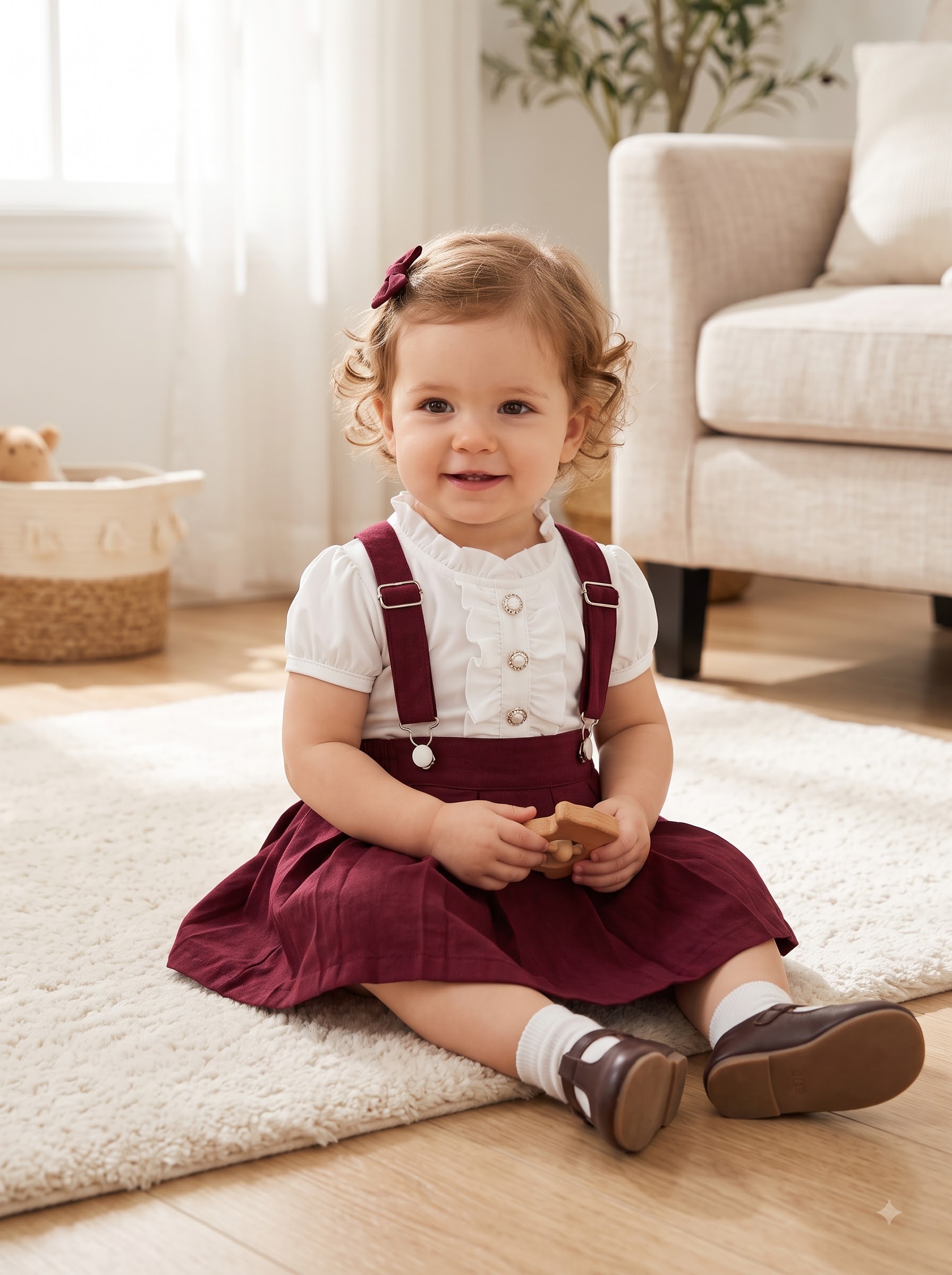Girls Burgundy Suspender Skirt Set with White Ruffle Button Shirt