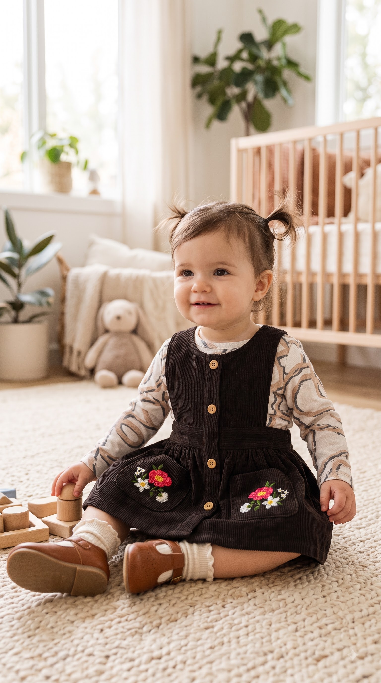 Baby Girls Olive Green Corduroy Pinafore Dress with Floral Embroidered Pockets and Printed Puff Sleeve Top - Image 4