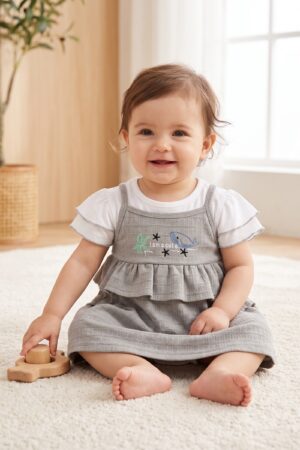 Girls Textured Pinafore Dress with White Ruffle Sleeve T-Shirt