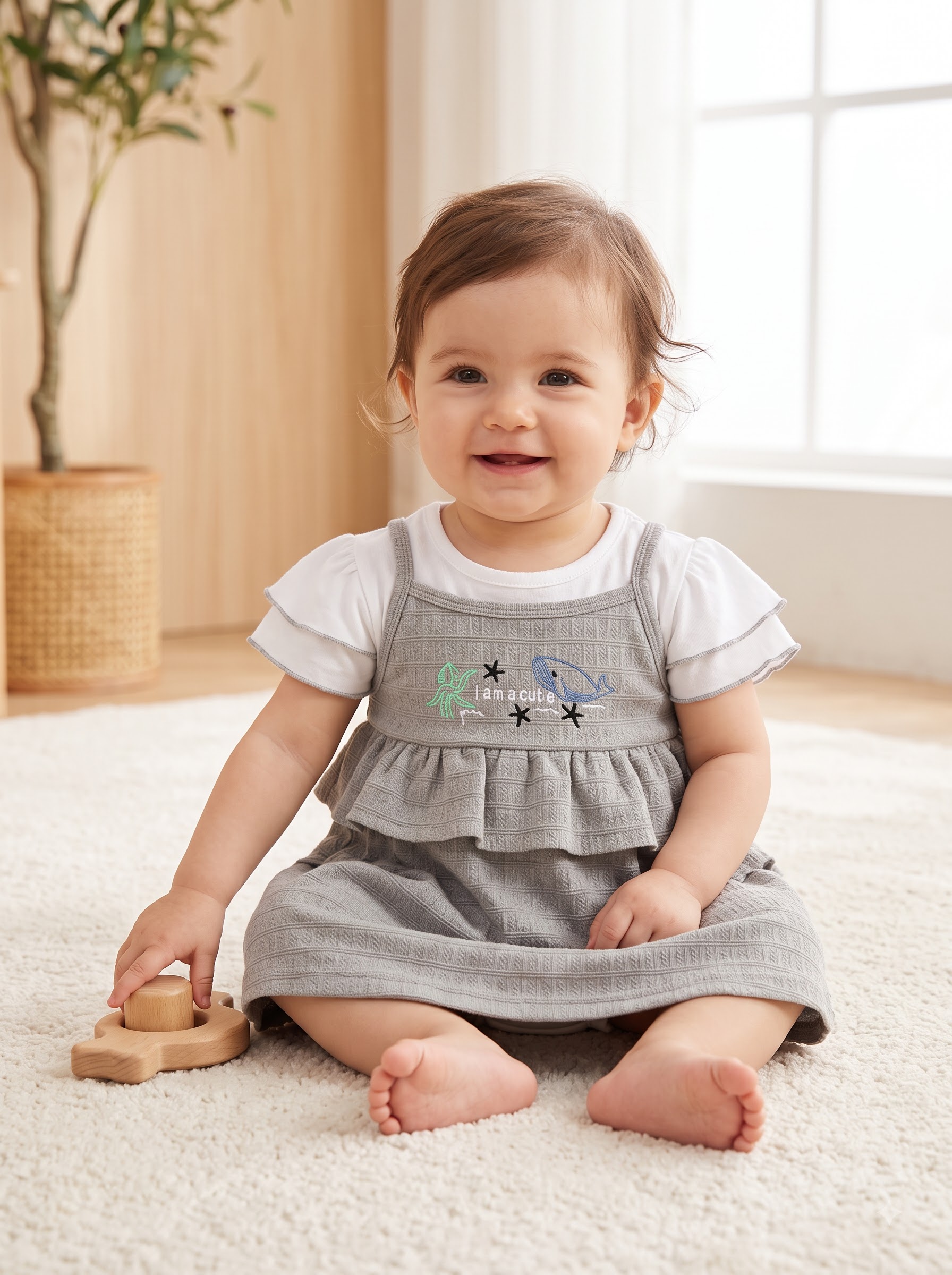 Girls Textured Pinafore Dress with White Ruffle Sleeve T-Shirt