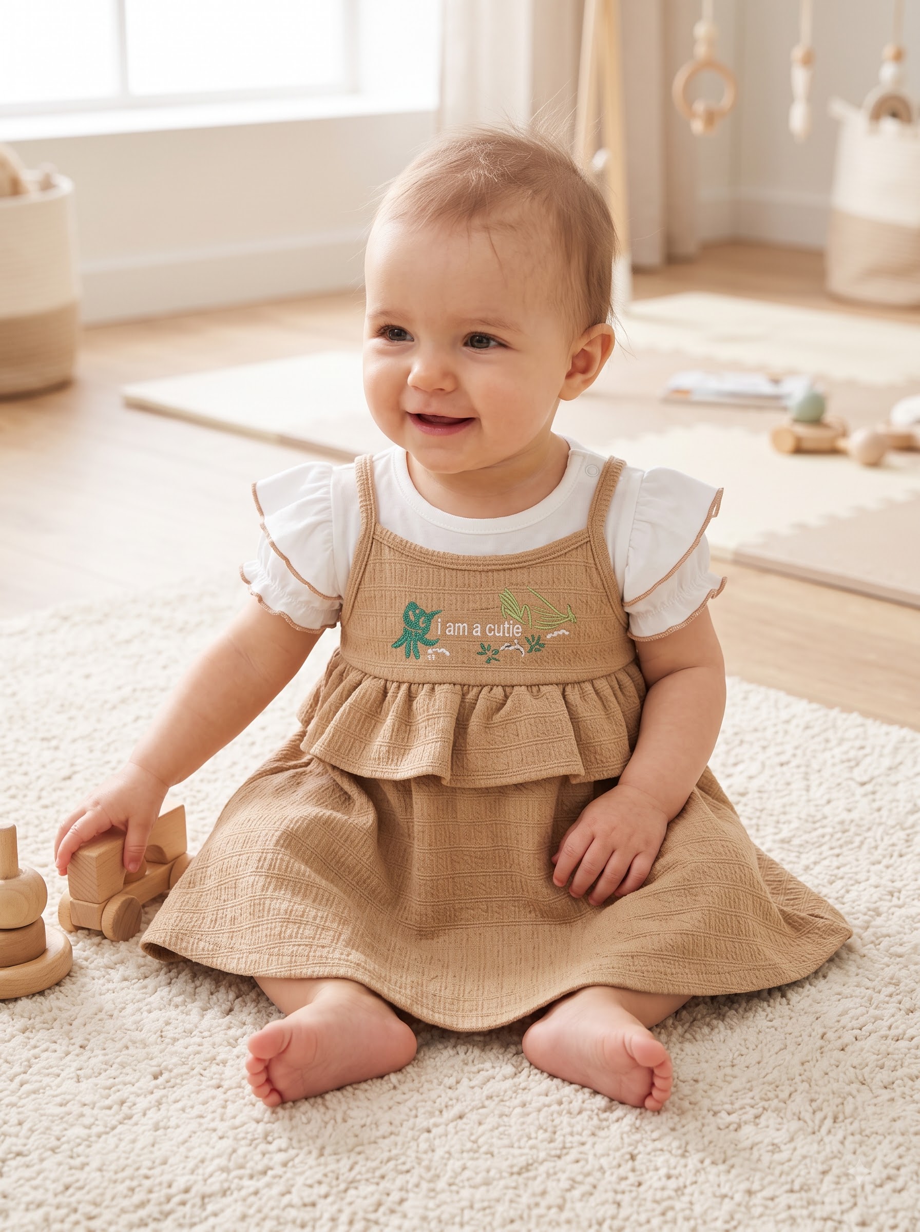 Girls Textured Pinafore Dress with White Ruffle Sleeve T-Shirt - Image 3