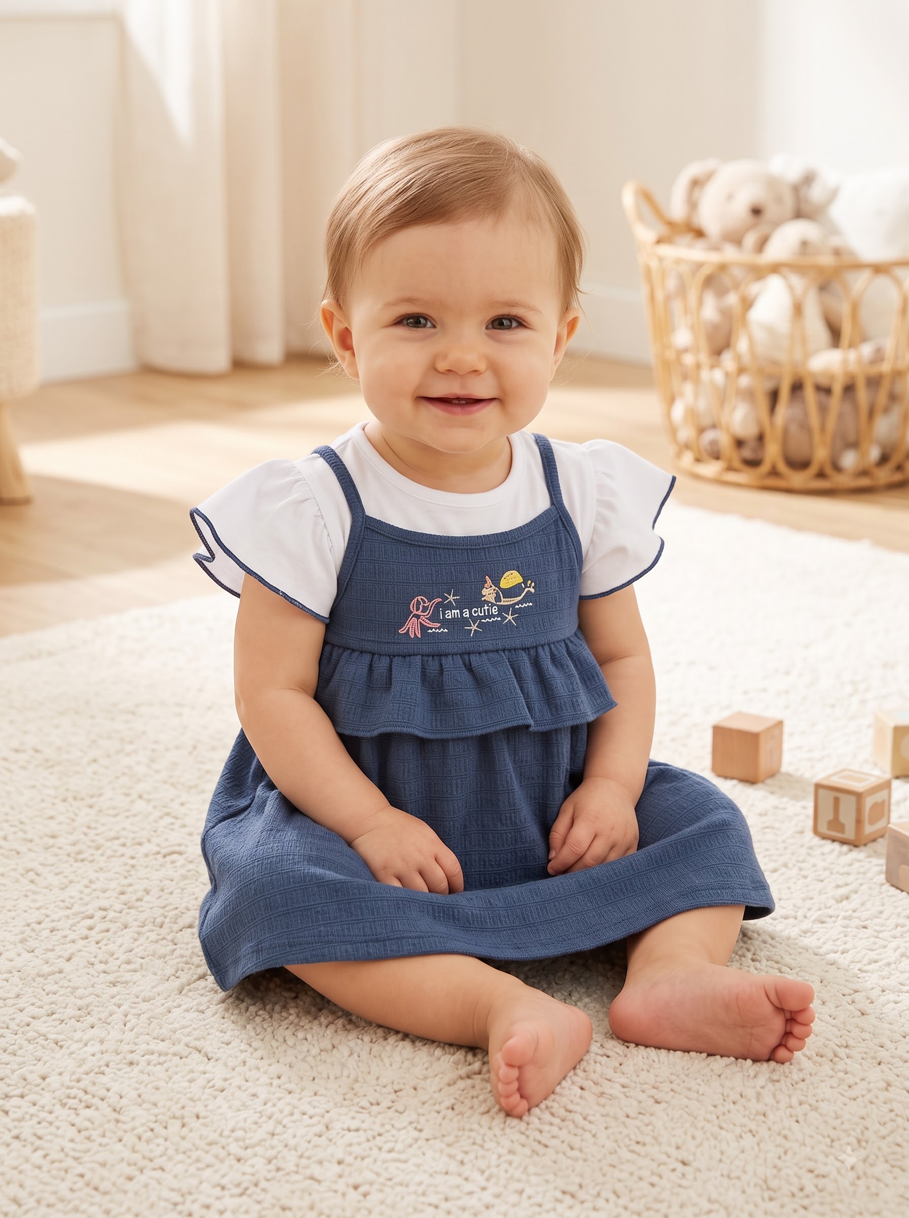 Girls Textured Pinafore Dress with White Ruffle Sleeve T-Shirt - Image 4