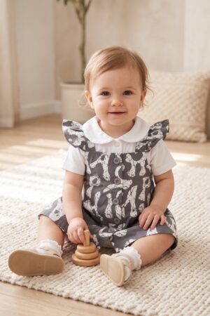 Girls Printed Pinafore Dress with White Collared T-Shirt Set