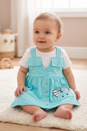 Baby Girls Aqua Blue Pinafore Dress with White T-Shirt and Bunny Applique