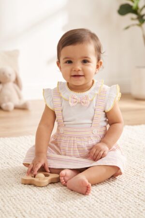 Baby Girls Pink and Yellow Striped Pinafore Dress Set with White Ruffle Top