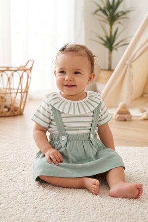 Baby Girls Sage Green Suspender Shorts Set with Striped Ruffle Collar T-Shirt