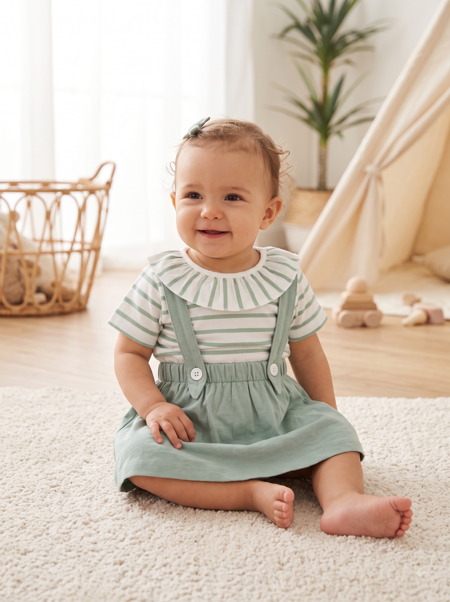 Baby Girls Sage Green Suspender Shorts Set with Striped Ruffle Collar T-Shirt