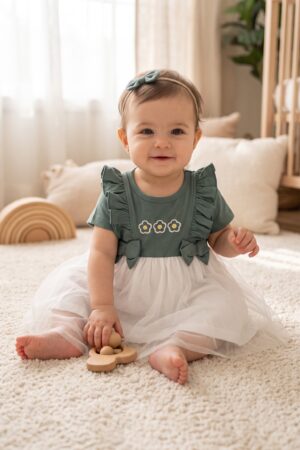 Baby Girls Dark Green Floral Embroidered Dress with White Tulle Skirt and Ruffle Details