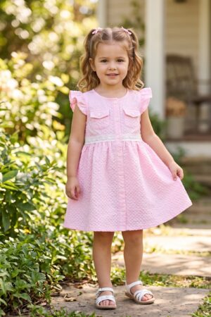 Girls Pink Textured Button-Front Dress with Ruffle Sleeves and Lace Detail