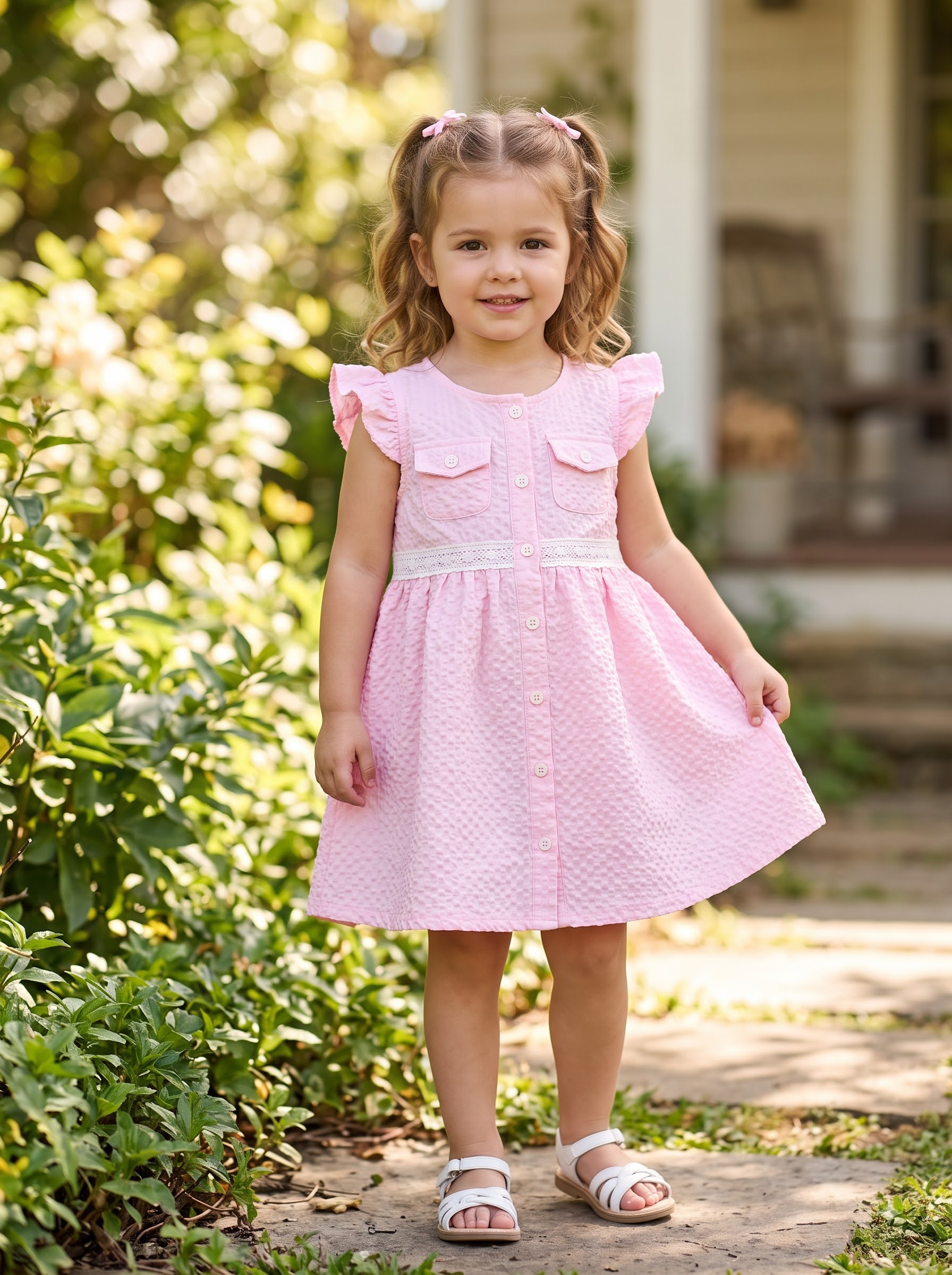 Girls Pink Textured Button-Front Dress with Ruffle Sleeves and Lace Detail