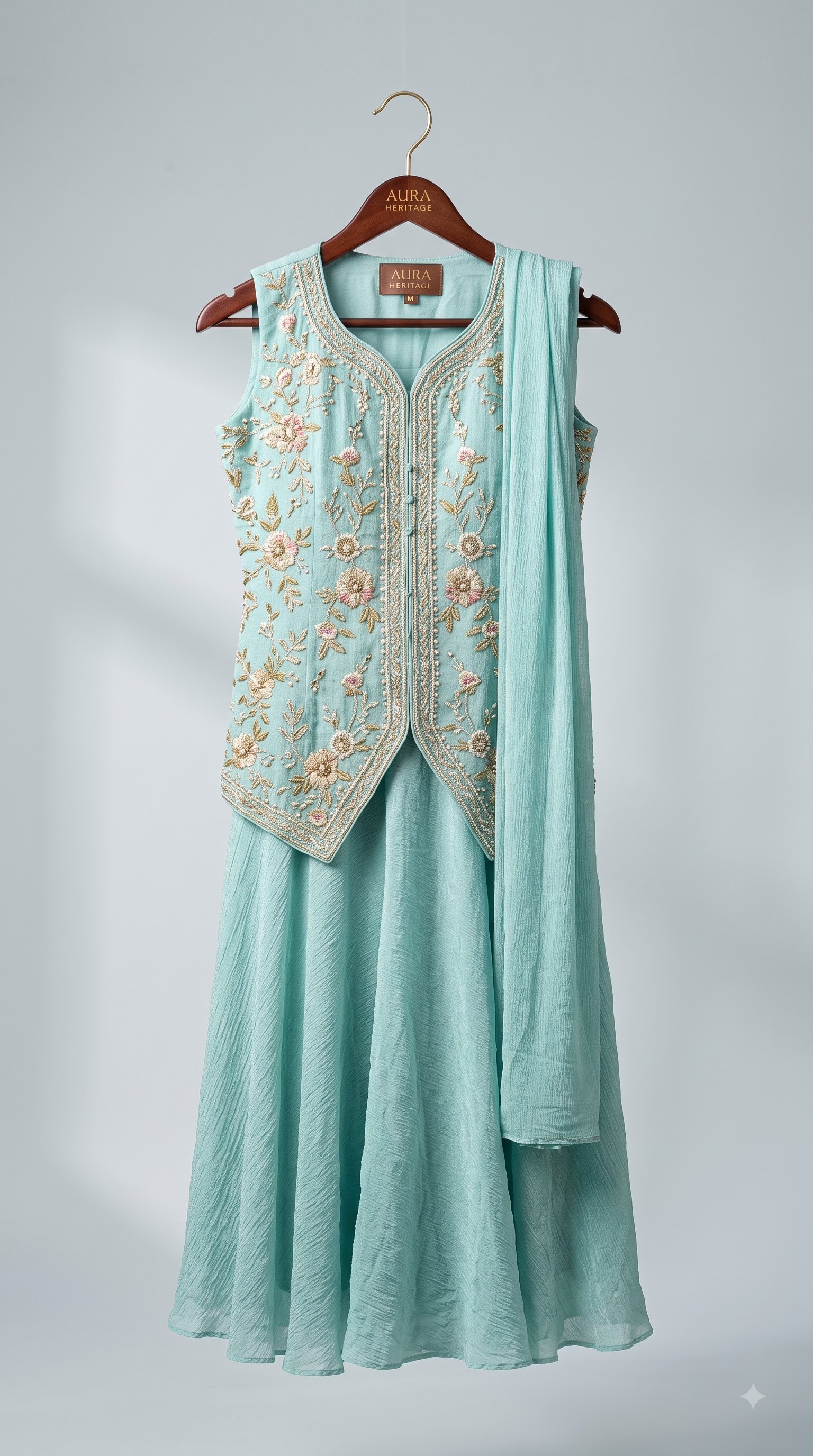 Women’s Aqua Blue Floral Embroidered Dress with Dupatta - Image 2