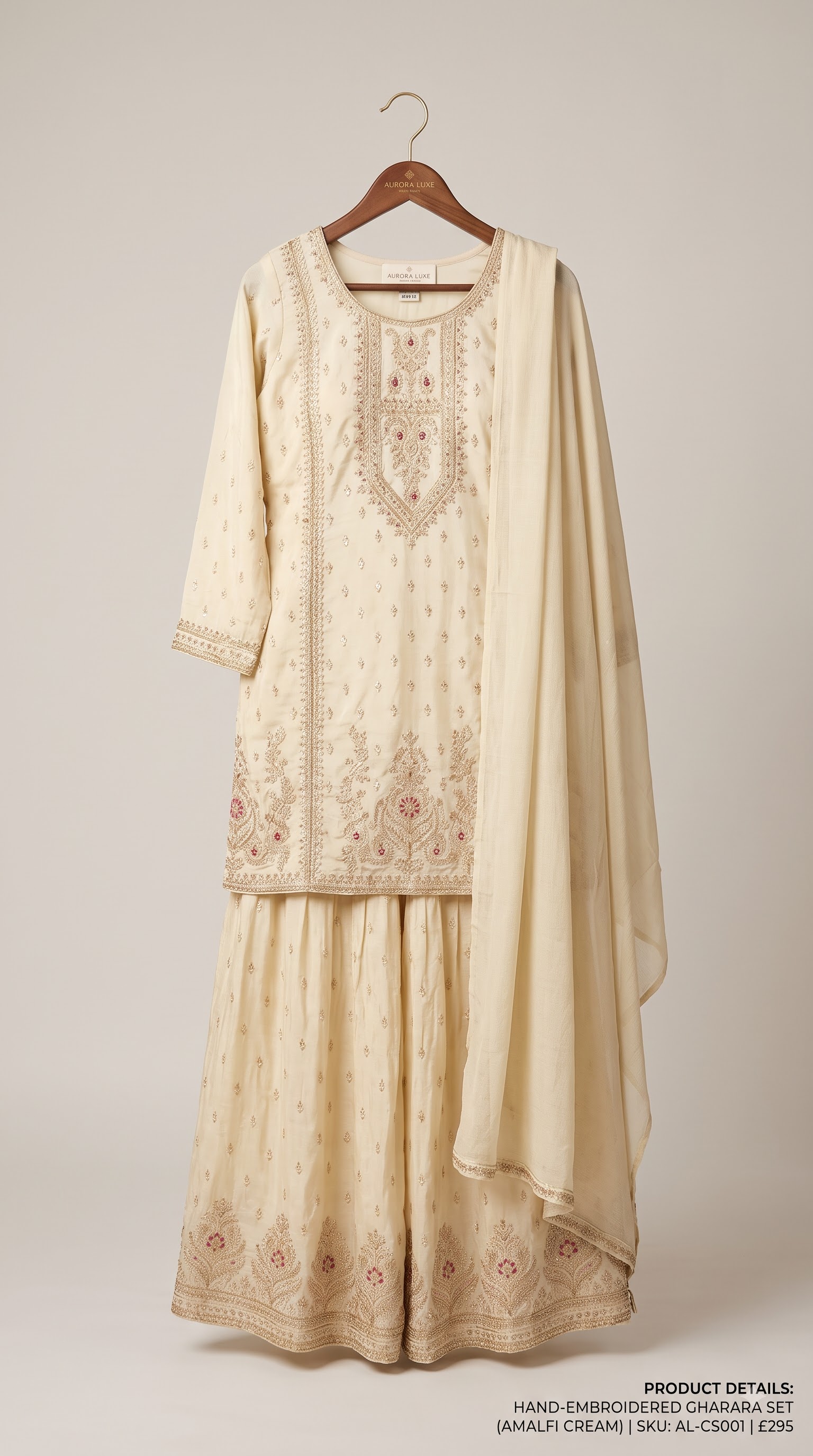 Women’s Cream Hand-Embroidered Gharara Set with Dupatta - Image 2
