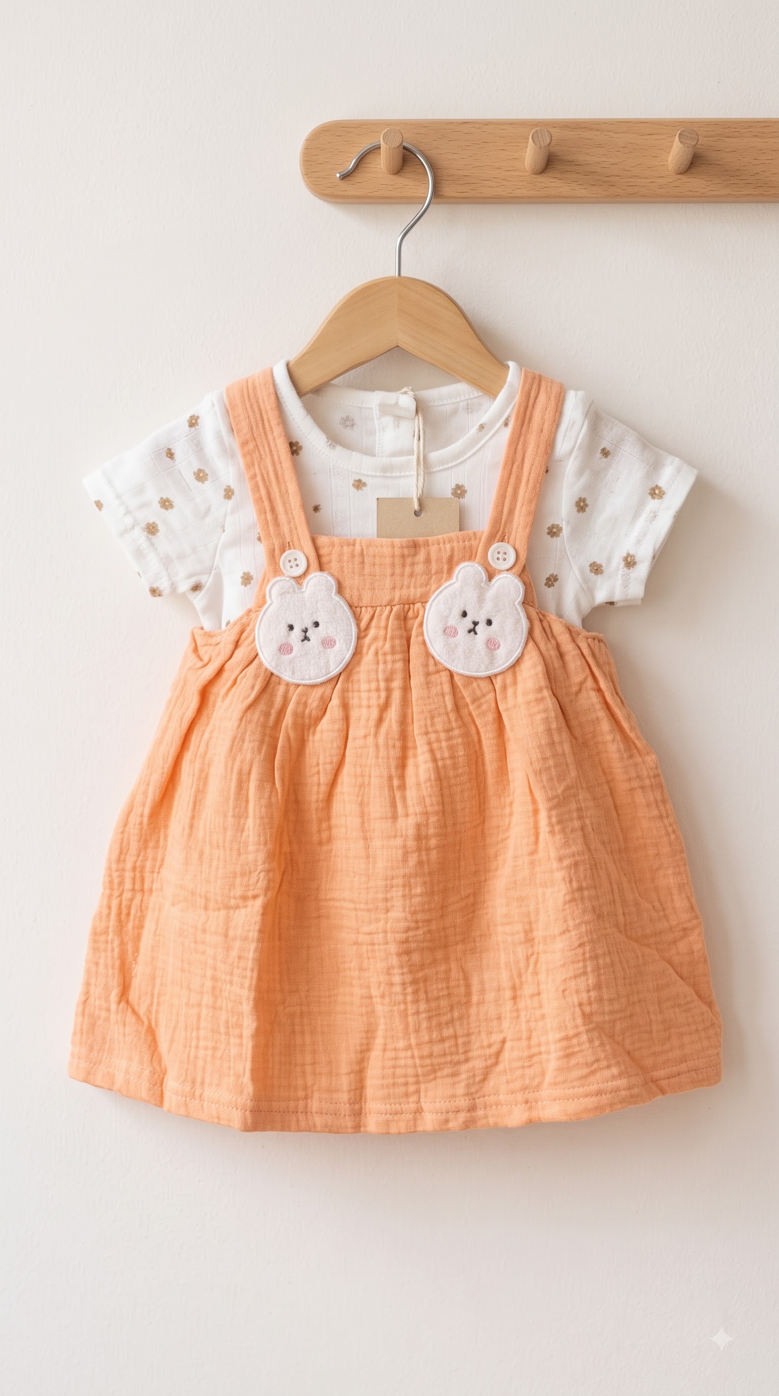 Baby Girls Peach Pinafore Dress Set with Bunny Appliqué and Floral Print T-Shirt - Image 2