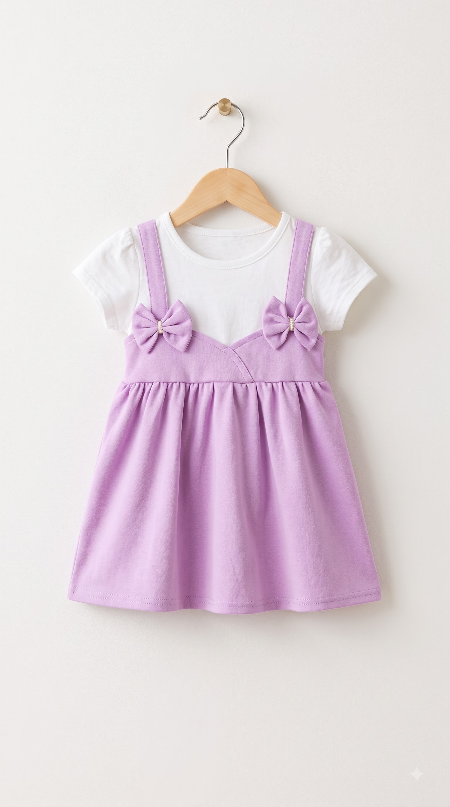 Girls Lavender Pinafore Dress with Double Bow Details and White Short Sleeve Top - Image 2