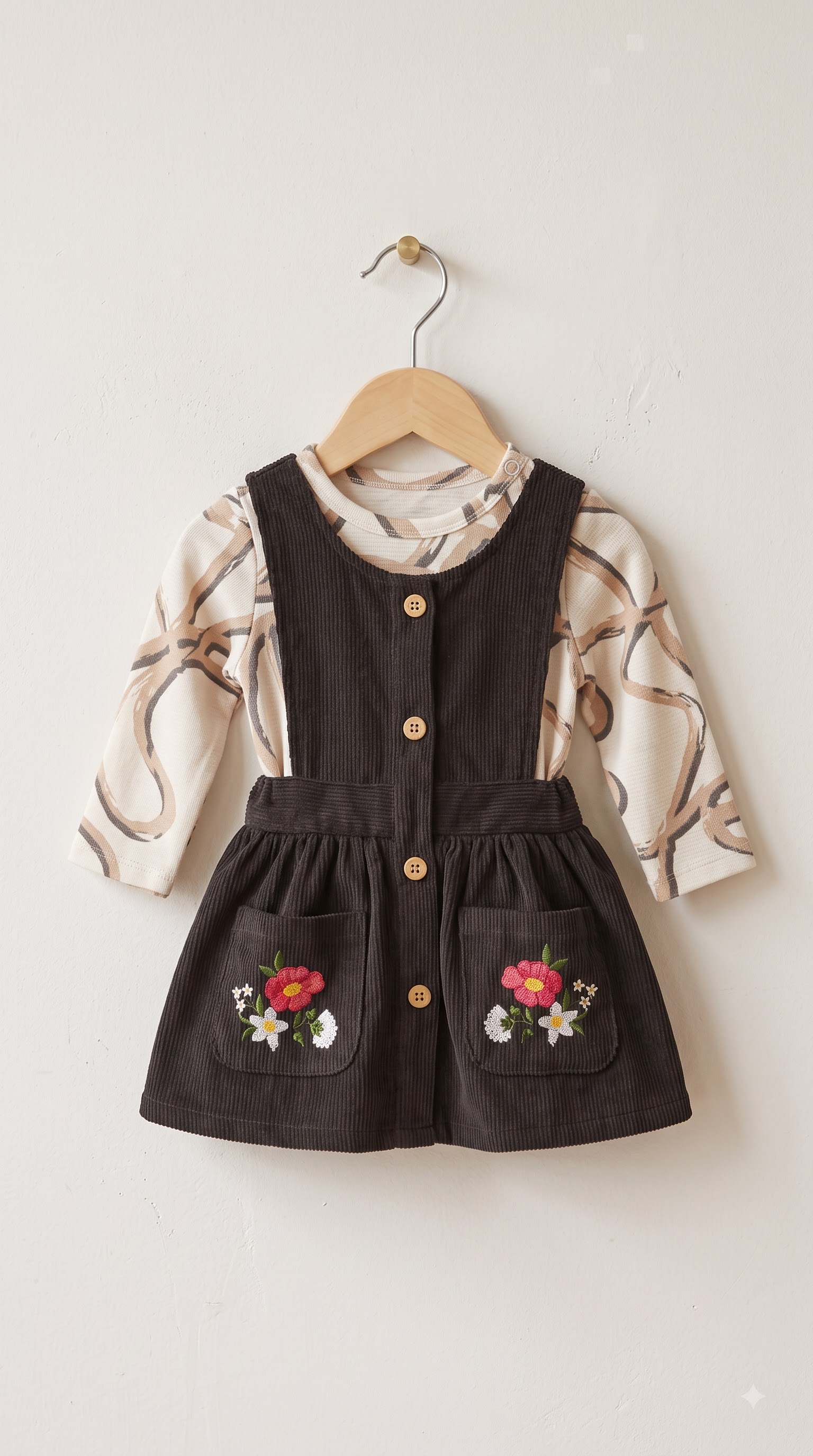 Baby Girls Olive Green Corduroy Pinafore Dress with Floral Embroidered Pockets and Printed Puff Sleeve Top - Image 3